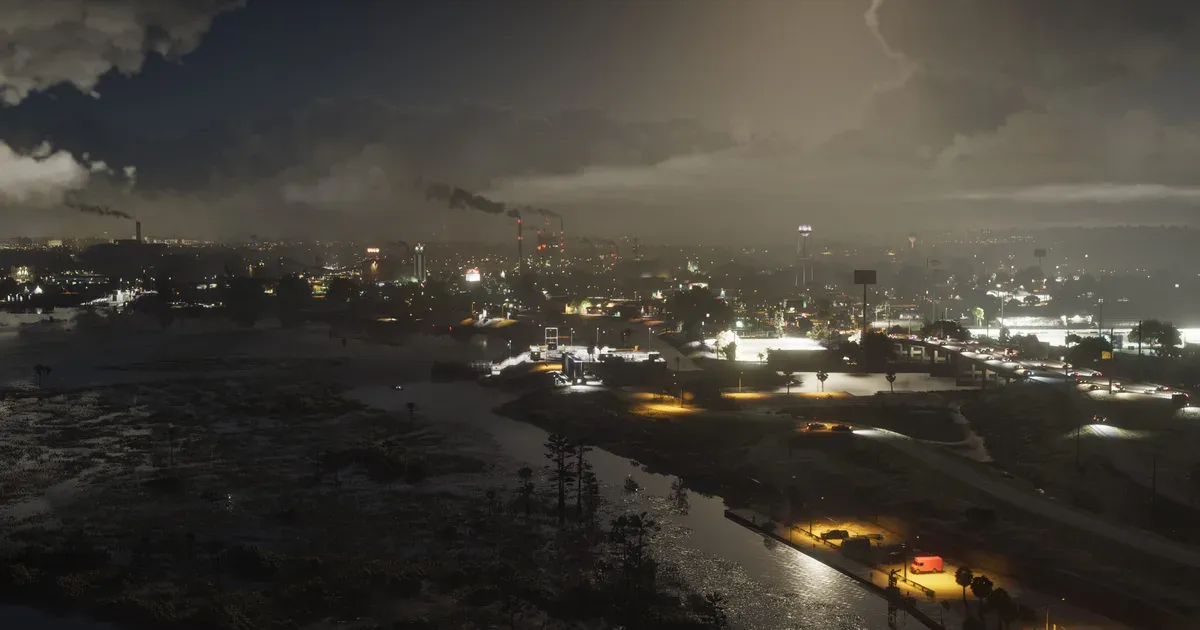 Sugar mill smokestacks rising over flat crop fields in GTA 6, the industrial heart of Ambrosia