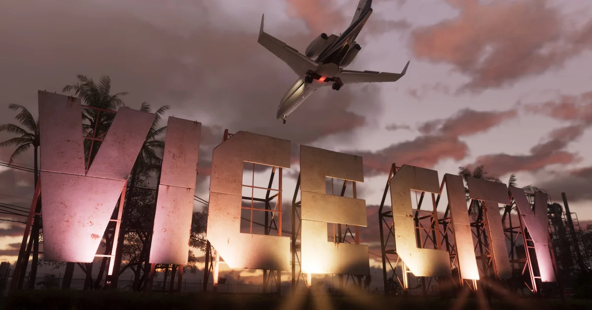The neon Vice City sign lit up at dusk in GTA 6, with a plane arriving overhead