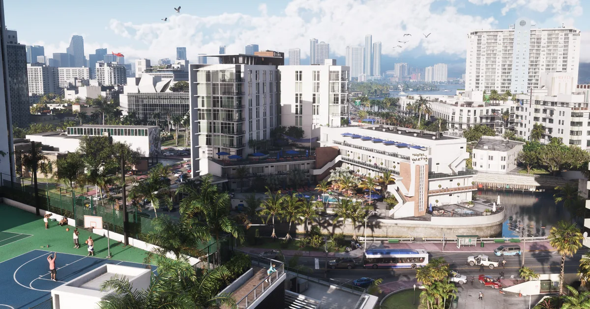 A daytime rooftop view of the Vice City skyline in GTA 6, with hotels, palm trees, and downtown towers in the distance