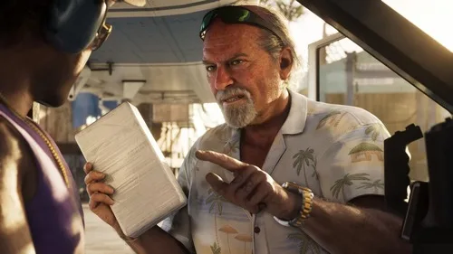 Brian Heder handing over a package at a boat yard, from official GTA 6 material