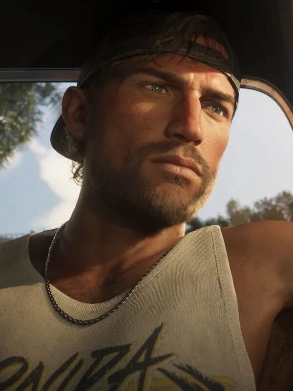 Jason Duval riding a green motorcycle under palm trees, from official GTA 6 material