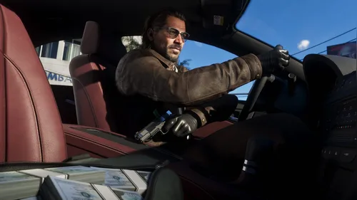 Raul Bautista driving with cash on the passenger seat, from official GTA 6 material