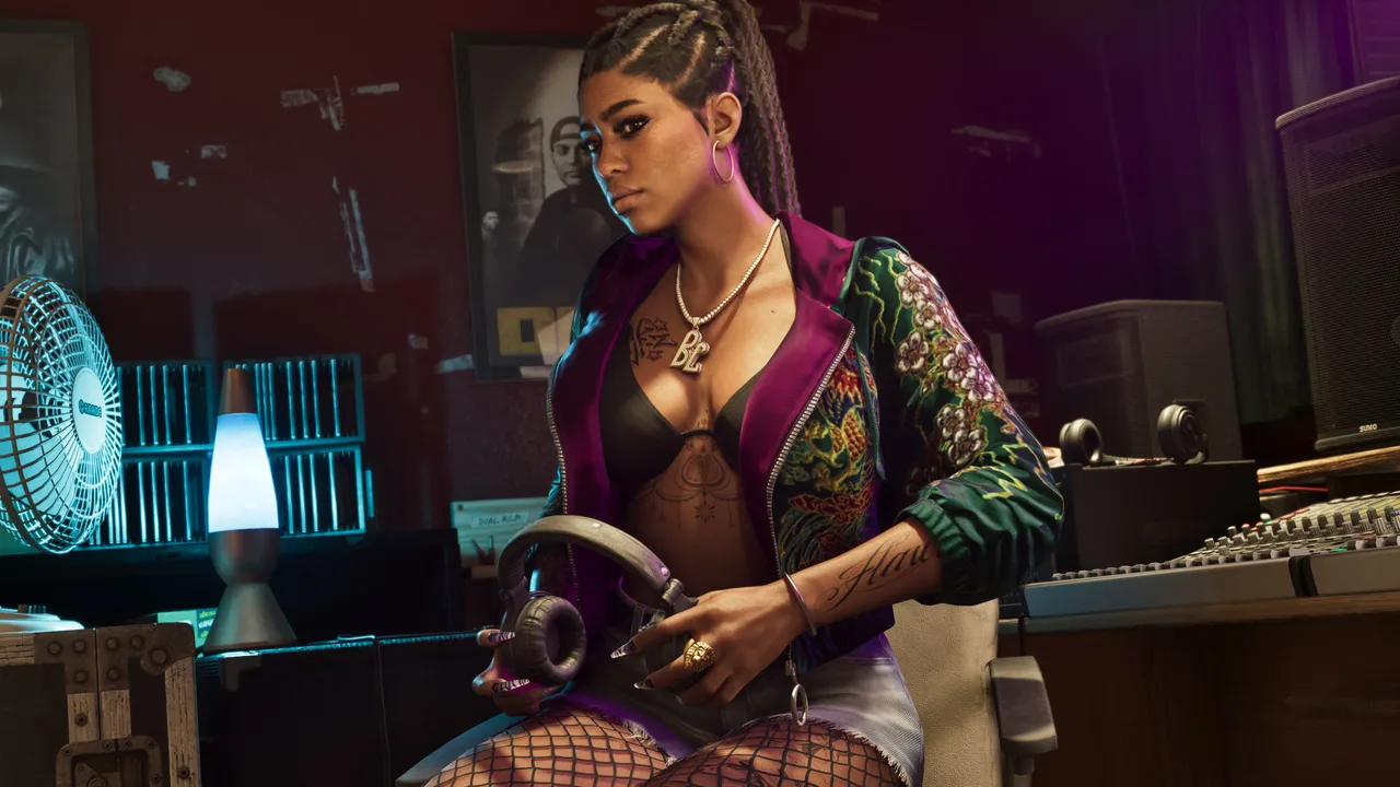 A member of Real Dimez holding headphones in a recording studio, from official GTA 6 material