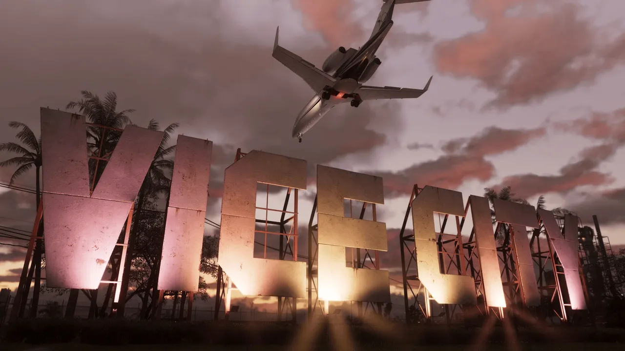 The weathered Vice City sign at dusk as a private jet passes overhead, from GTA 6 trailer footage